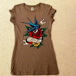 Ed Hardy tshirt Small bird with rose and flower and love